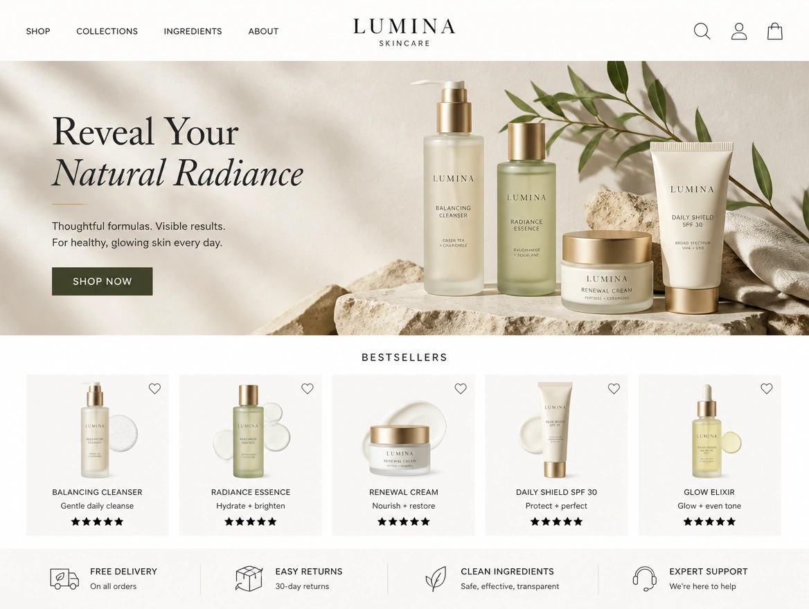 A skincare store home page with a bestsellers row and a delivery information bar