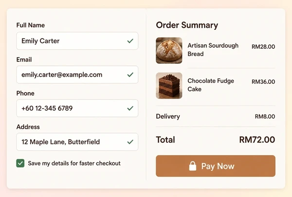 An artisan bakery store checkout with a four field form and an order summary total
