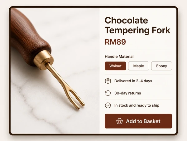 A chocolate maker product page showing price, options and plain delivery and return lines