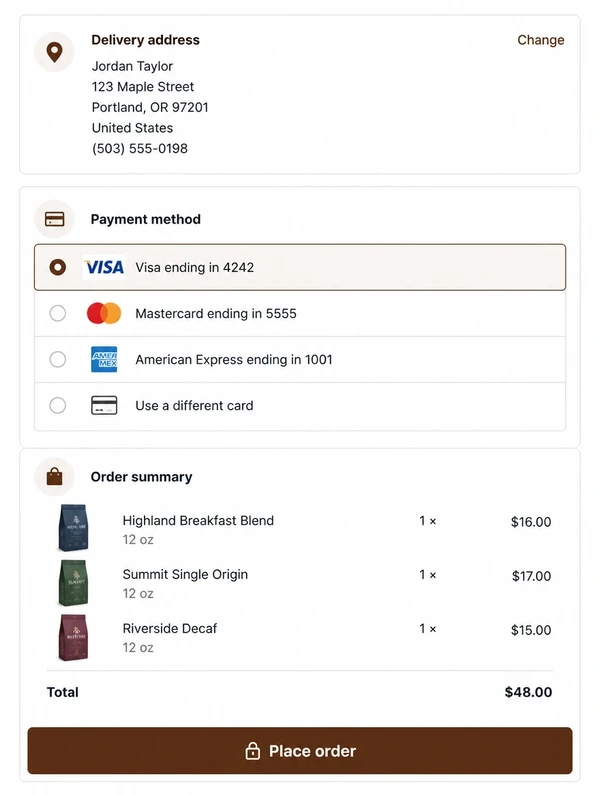 A coffee roastery online checkout with a saved delivery address, card payment options and an order summary of three bags.