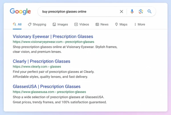 A Google results page where the top result is an eyewear brand category page