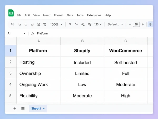 A Google Sheets comparison of Shopify and WooCommerce for a real estate store