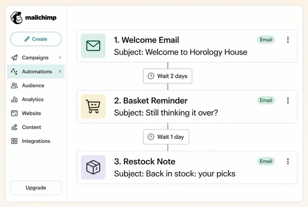 A Mailchimp automation for a luxury watches store with three stacked email steps