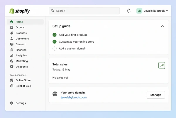 A Shopify admin home screen for a jewellery boutique store with some of its setup checklist ticked