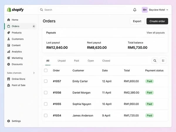 A Shopify orders screen for a boutique hotel store showing four paid orders and a payout summary