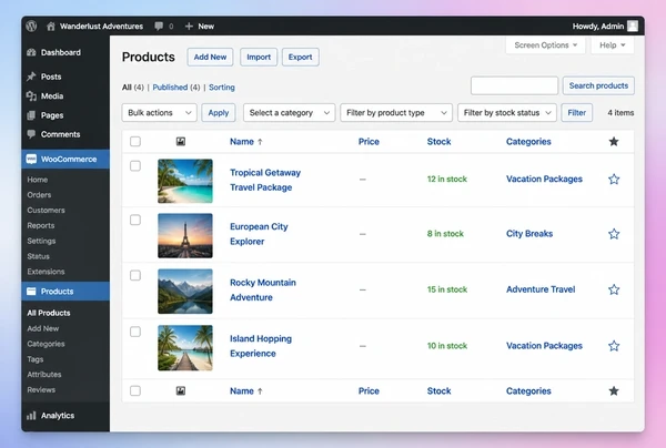 A WooCommerce products list for a travel store showing four products with stock counts