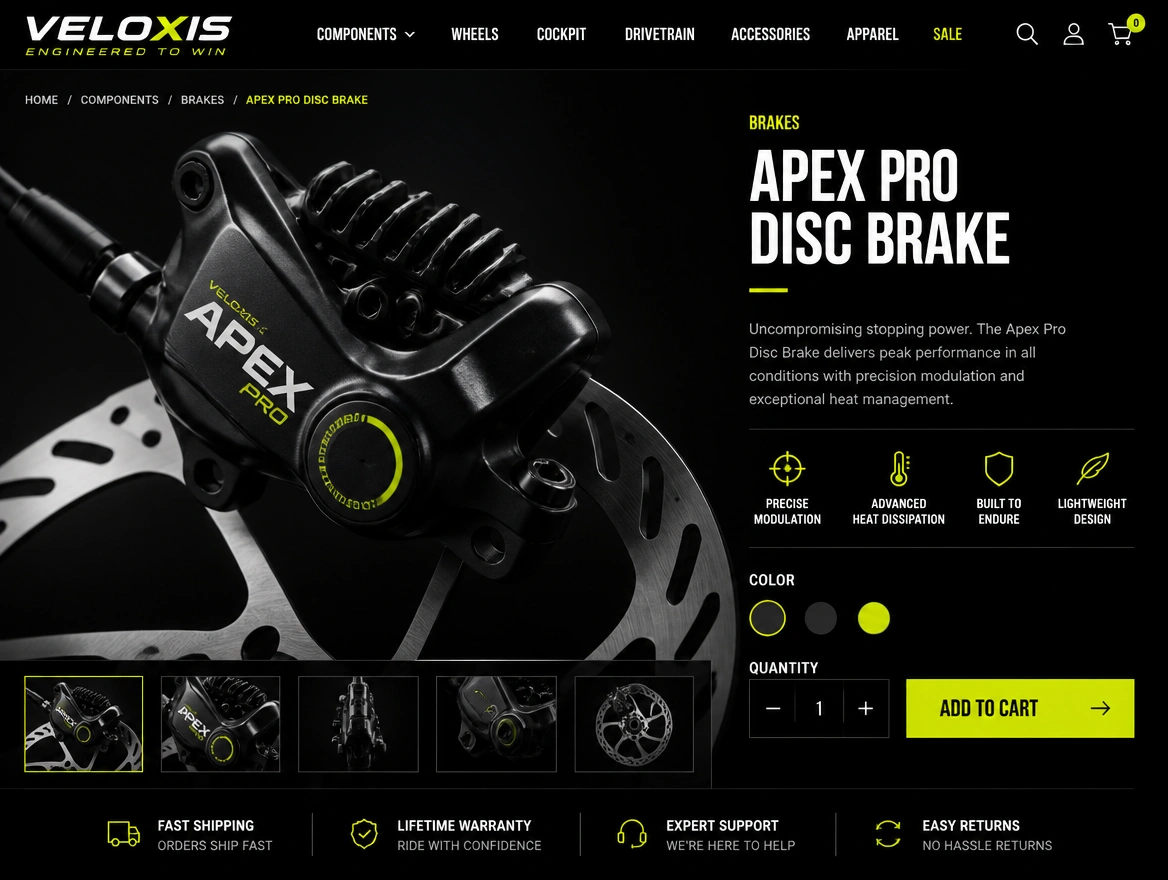 A performance cycling store product page with a quantity selector and an add to cart button