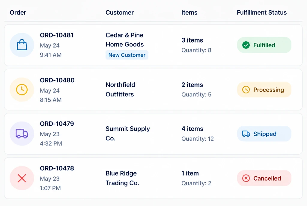 A store orders panel listing recent orders with quantities and fulfilment status