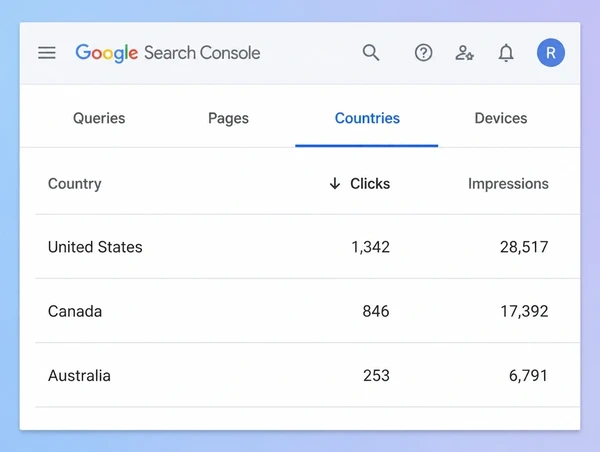 A Search Console countries report showing clicks and impressions from three countries
