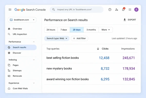 A Search Console queries table showing three bookshop category searches with clicks and impressions