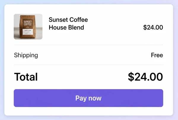 A Shopify checkout order summary showing one product line, shipping and the total