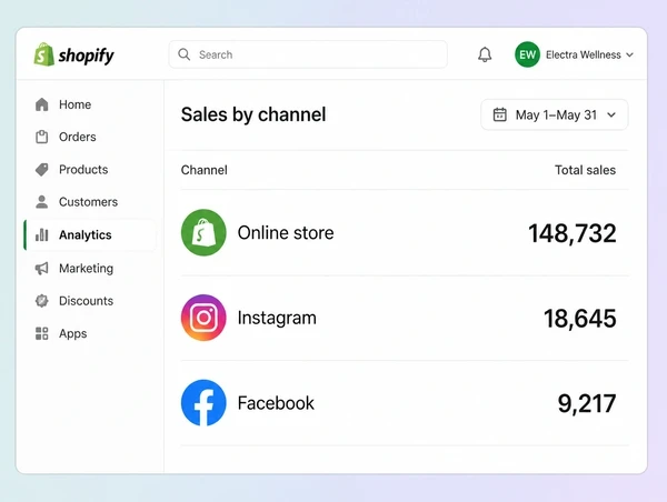 A Shopify sales by channel report where the online store carries the largest total