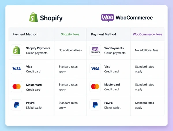 Shopify and WooCommerce store setups compared side by side, with payment methods and fee columns