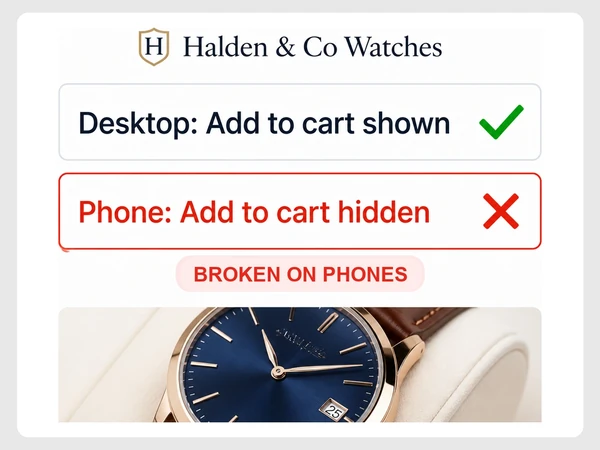 Halden & Co Watches report shows Add to cart on desktop but hidden on phones in red.