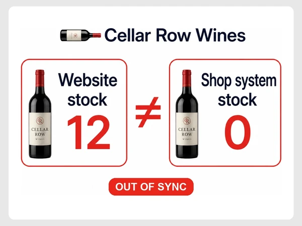 Cellar Row Wines shows website stock 12 and shop system stock 0 separated by a red unequal sign.