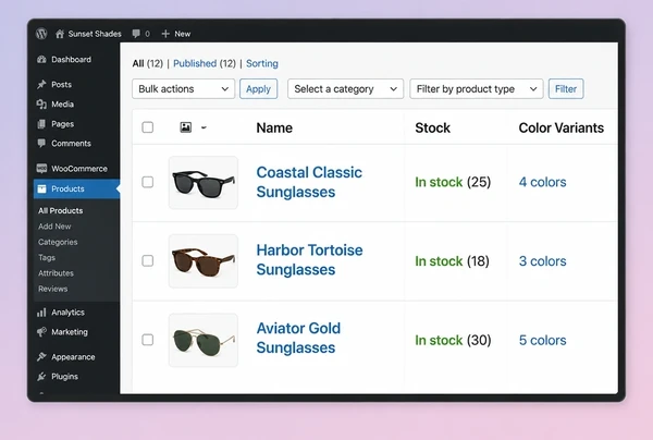 The WooCommerce products list showing three sunglasses, their stock counts and variants