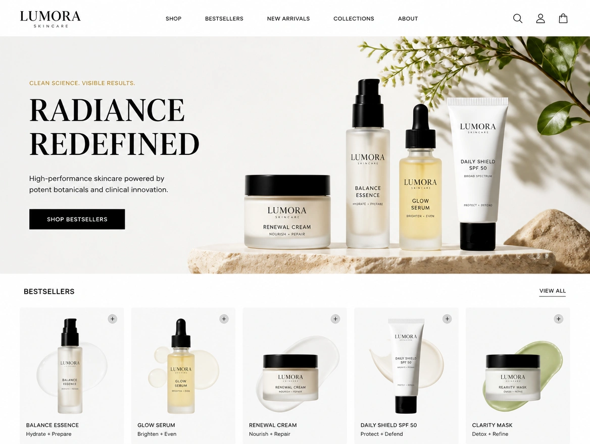 Skincare store homepage with a hero banner and a row of bestsellers