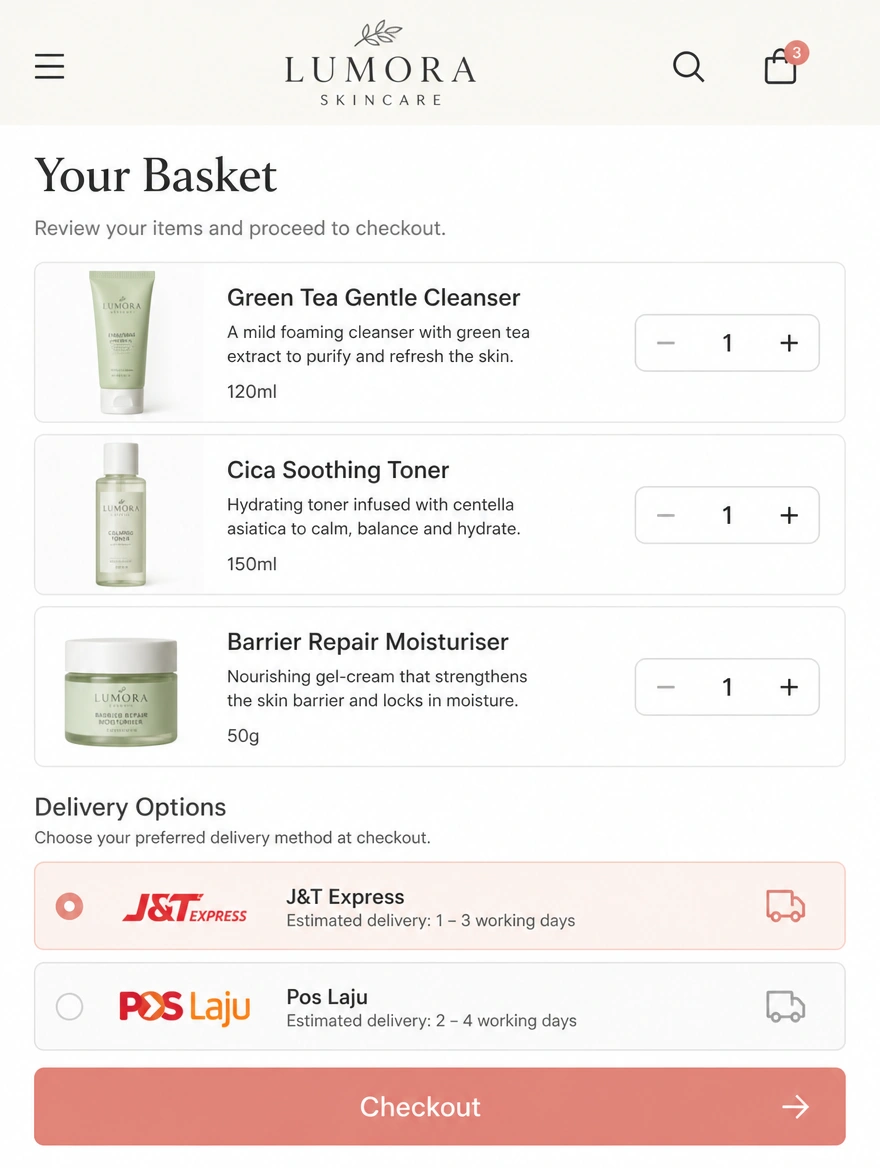 Store basket page with quantity steppers, delivery options and a checkout button