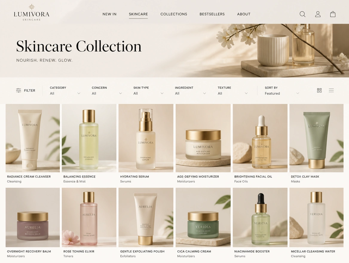 A luxury skincare store collection page with a filter bar and a grid of products