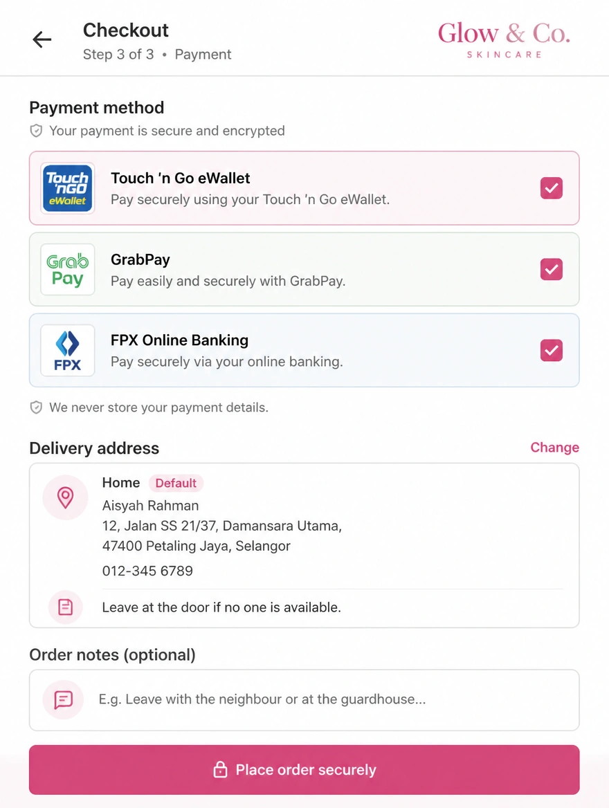 A skincare checkout with Malaysian wallet payments and a Petaling Jaya delivery address