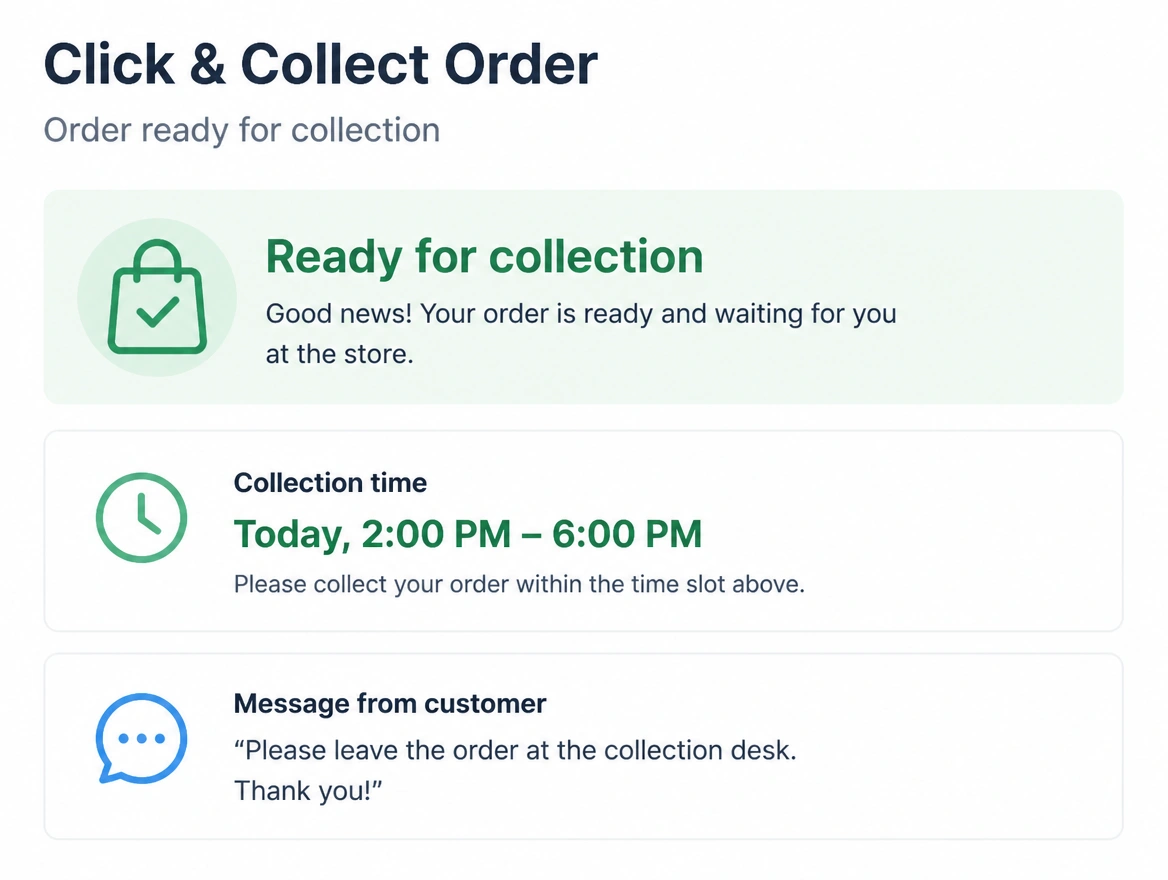 A click and collect order screen showing a pickup time and a message to the customer
