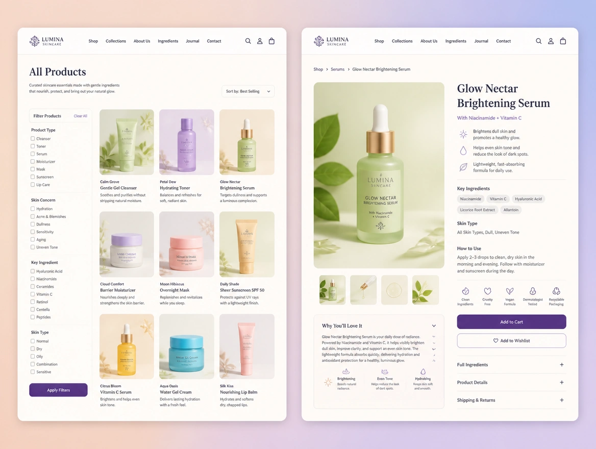 Website mockup showing product pages that sell