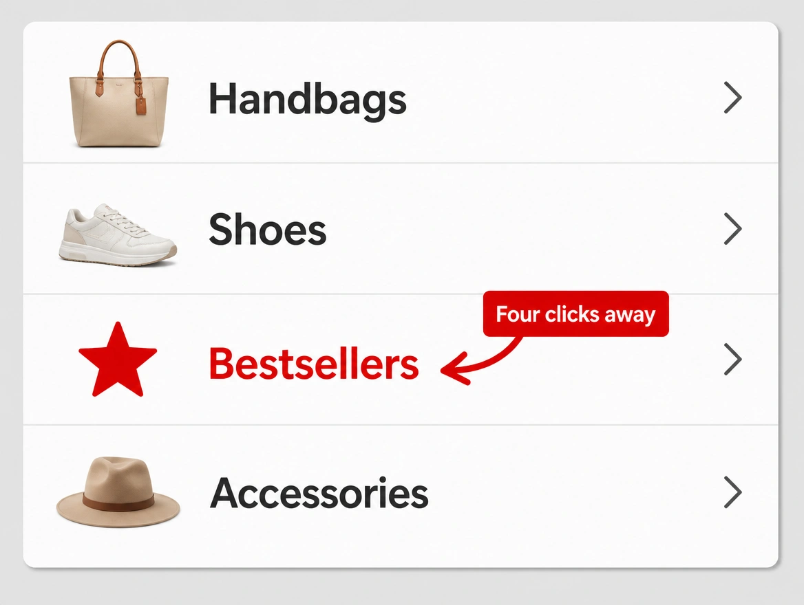 A shop category menu with the bestsellers row marked in red as four clicks away