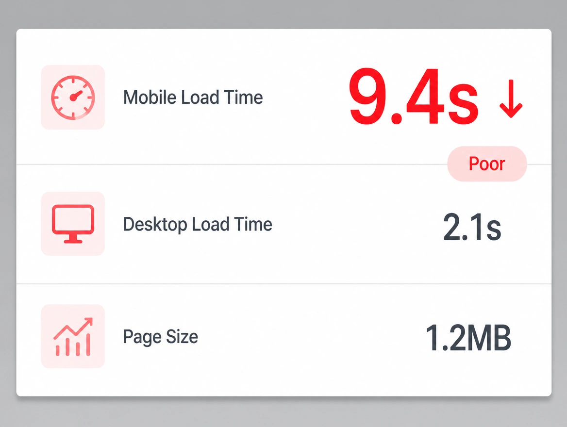 A page speed report with a mobile load time of 9.4 seconds printed in red and marked poor