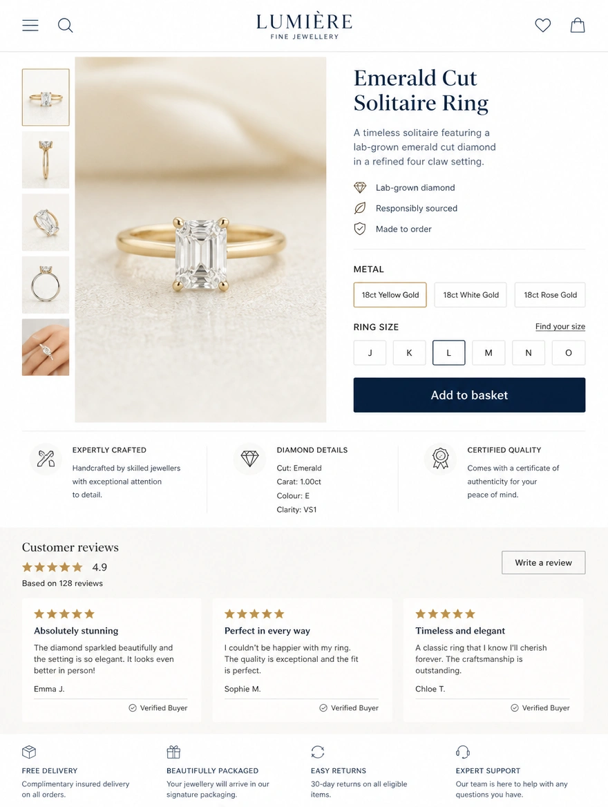 A fine jewellery product page with metal options, reviews and an add to basket button