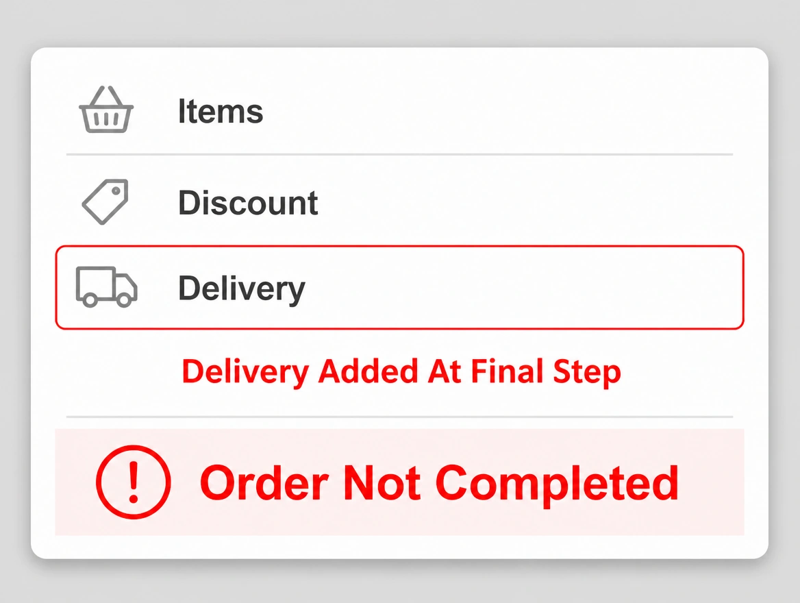 A basket summary with the delivery line outlined in red and the order marked not completed