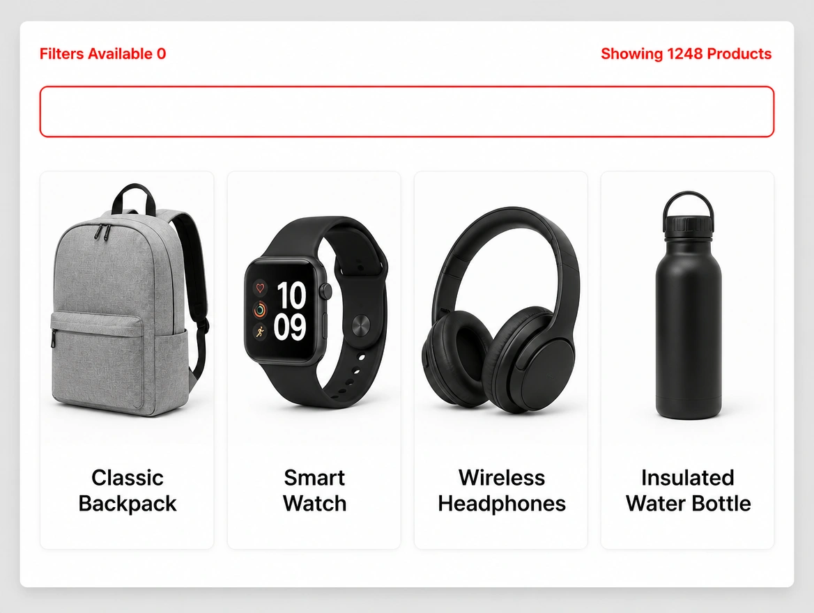 A category page showing no filters available and 1248 products in red