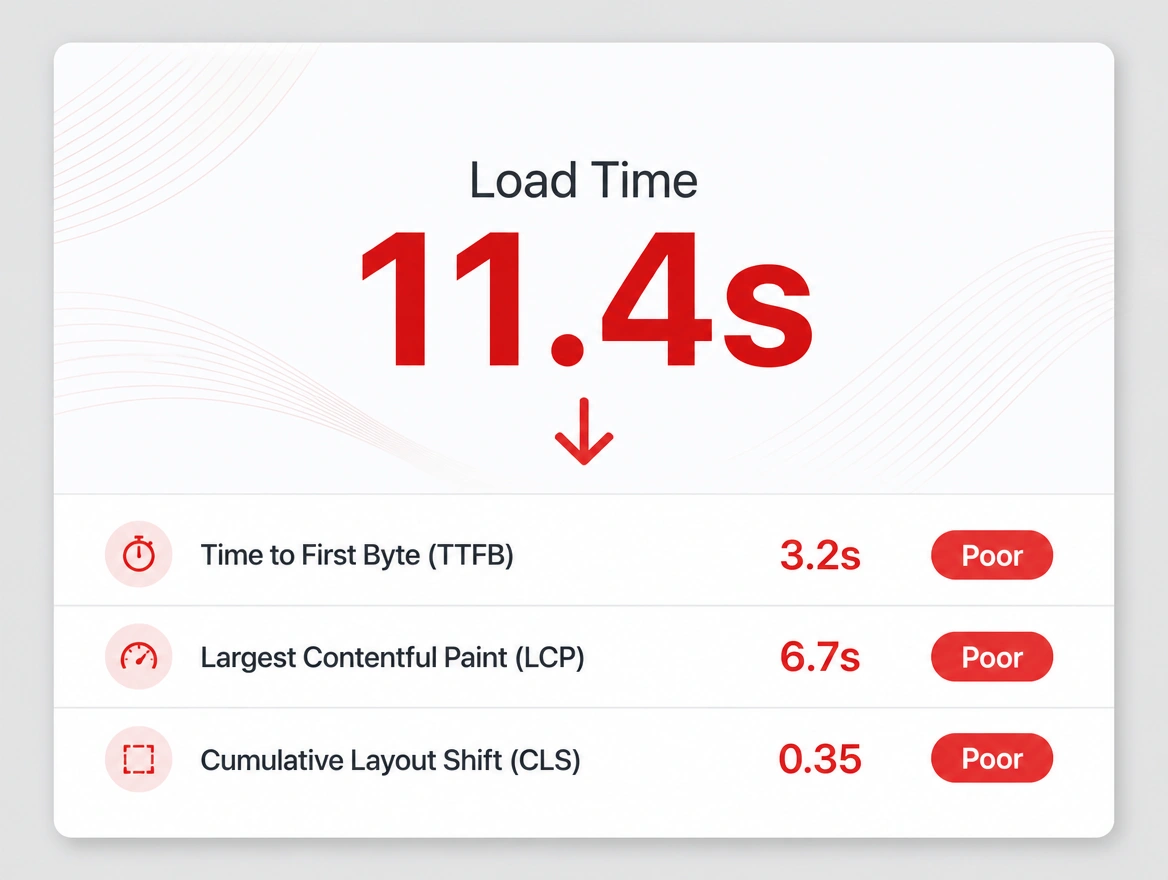 A speed report showing a load time of 11.4 seconds in red with three poor scores