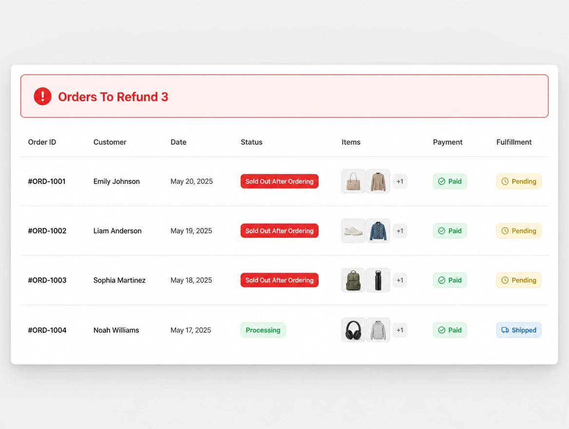 An orders table with three rows marked sold out after ordering in red