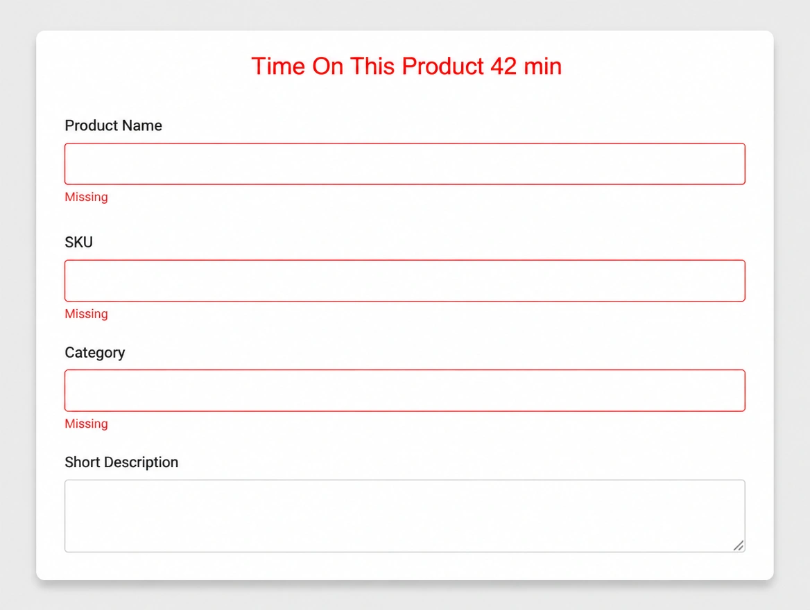 A half filled product form with three fields flagged missing in red and a 42 minute timer