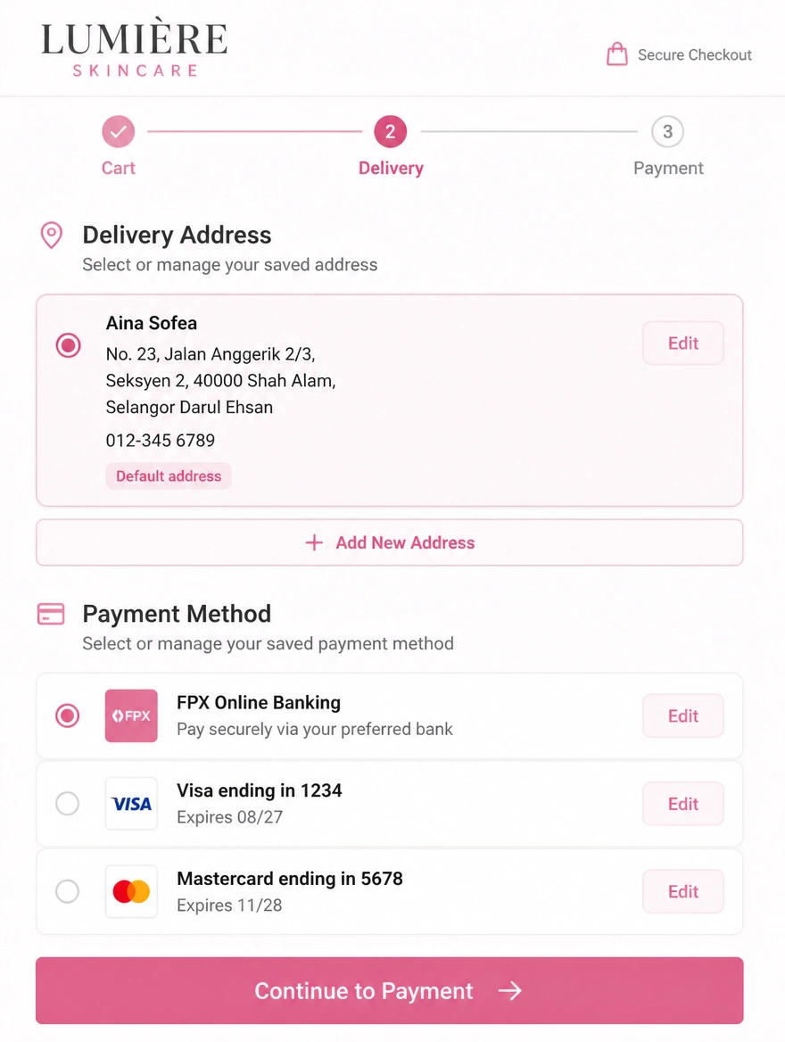 A skincare store checkout with a Shah Alam delivery address and saved payment methods