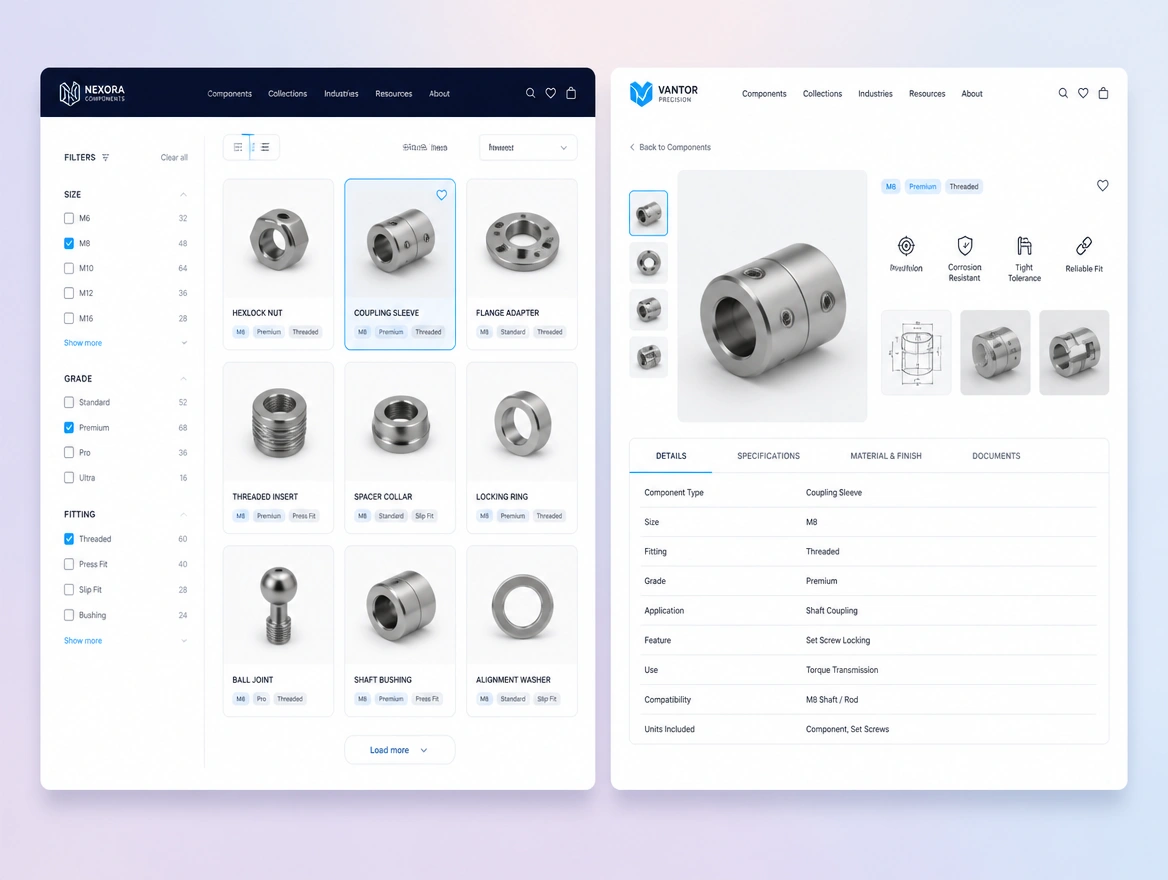 Website mockup showing catalogue and product pages