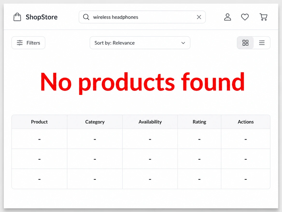 An online shop search screen showing no products found in red above empty result rows