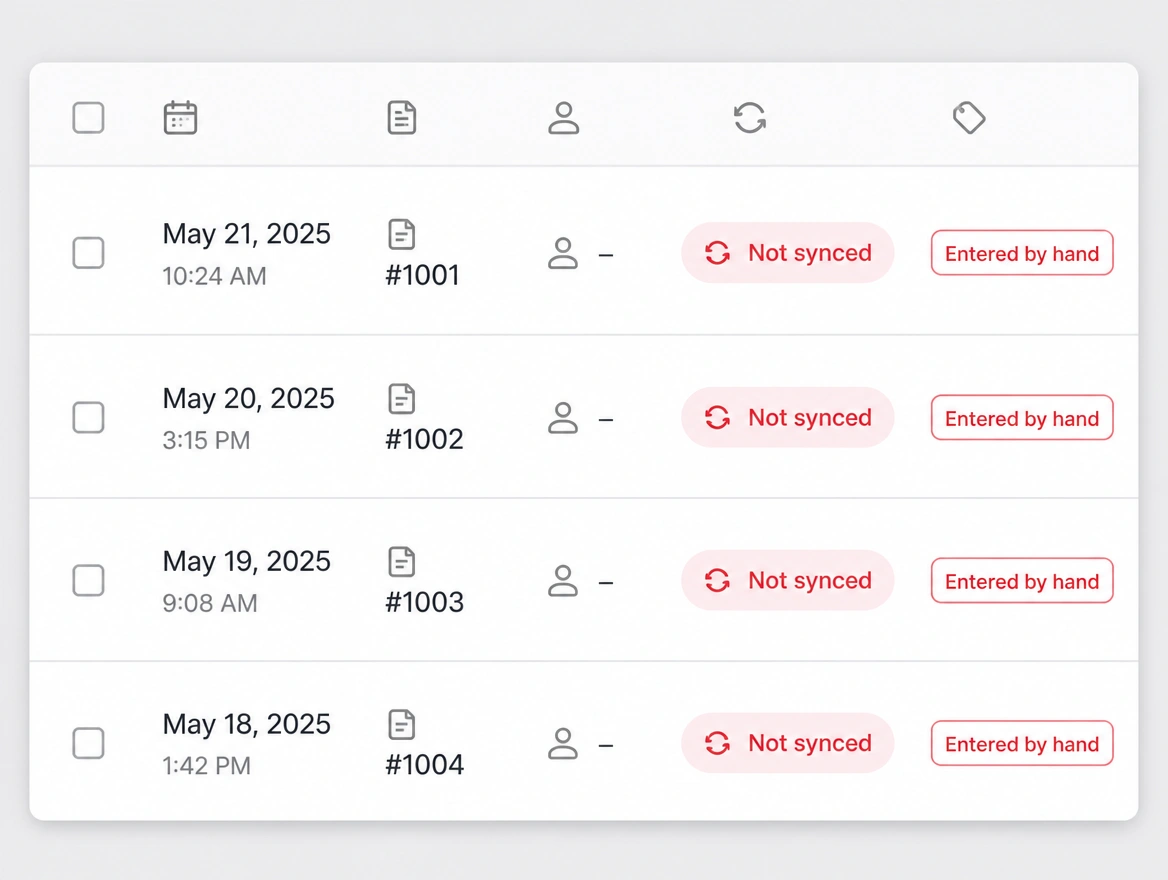 An order list where every row is marked not synced in red and entered by hand
