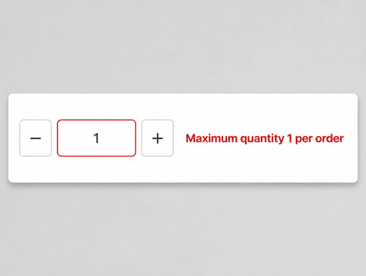 A product page quantity field limited to one, outlined in red with a maximum quantity warning