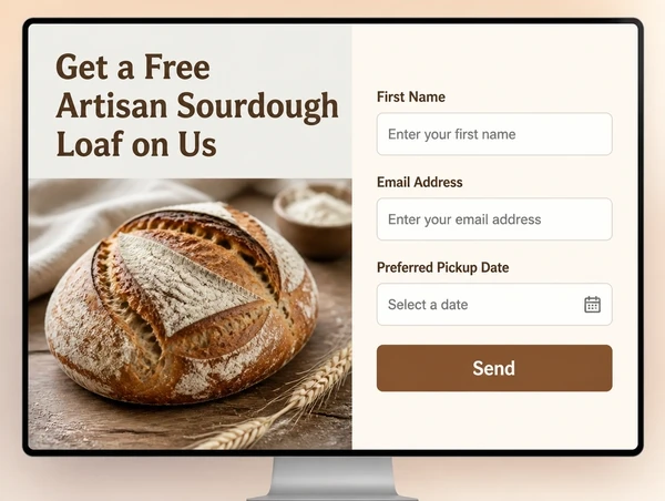 An artisan bakery landing page carrying the advert offer beside a three field enquiry form