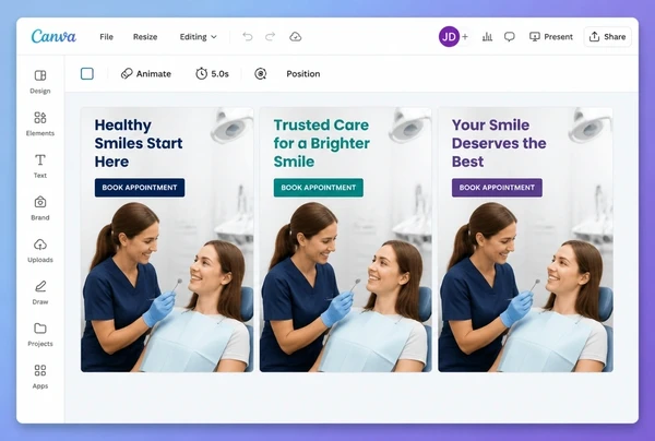 Three dental practice advert designs being compared in a Canva editor