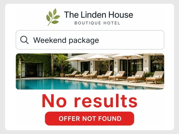 The Linden House website search for Weekend package returns No results and an Offer Not Found warning.