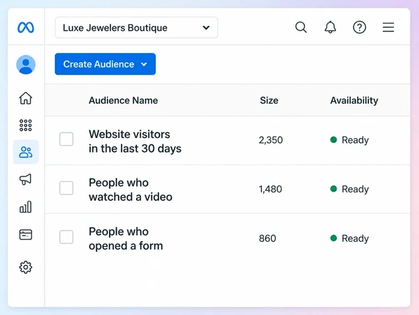 A Meta Ads Manager audiences list with three saved jewellery boutique remarketing audiences