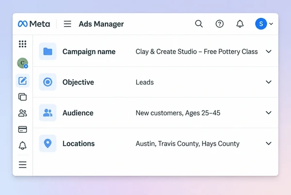 A Meta Ads Manager campaign setup for a ceramics studio offer with objective, audience and locations