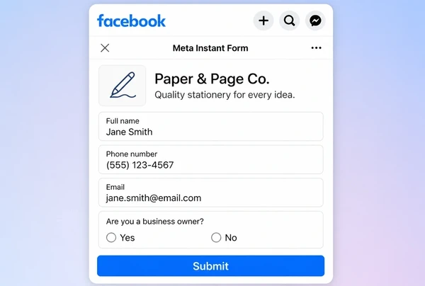 A Meta instant lead form for a stationery brand with four short fields and a submit button