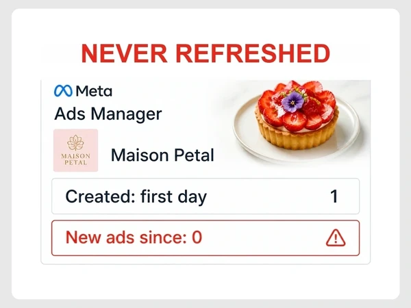 Maison Petal shows an ad created on the first day and zero new ads since, marked Never Refreshed.