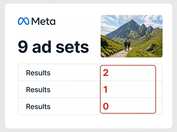 Highland Trails shows nine Meta ad sets with result counts of two, one, and zero outlined red.