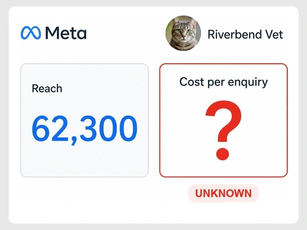 Riverbend Vet shows reach of 62,300 while Cost per inquiry contains a red question mark labeled Unknown.