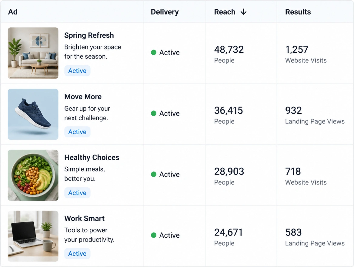 A Facebook advert reach report listing four adverts with their reach and results columns