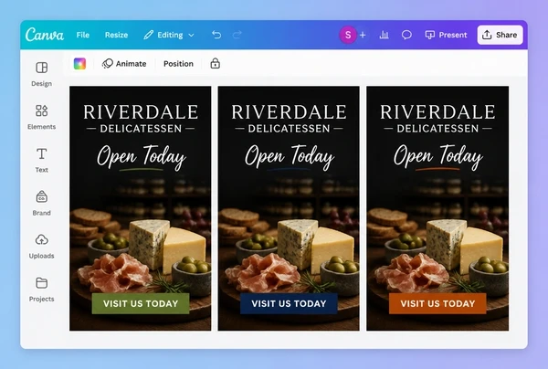 Three delicatessen advert designs being compared in a Canva editor